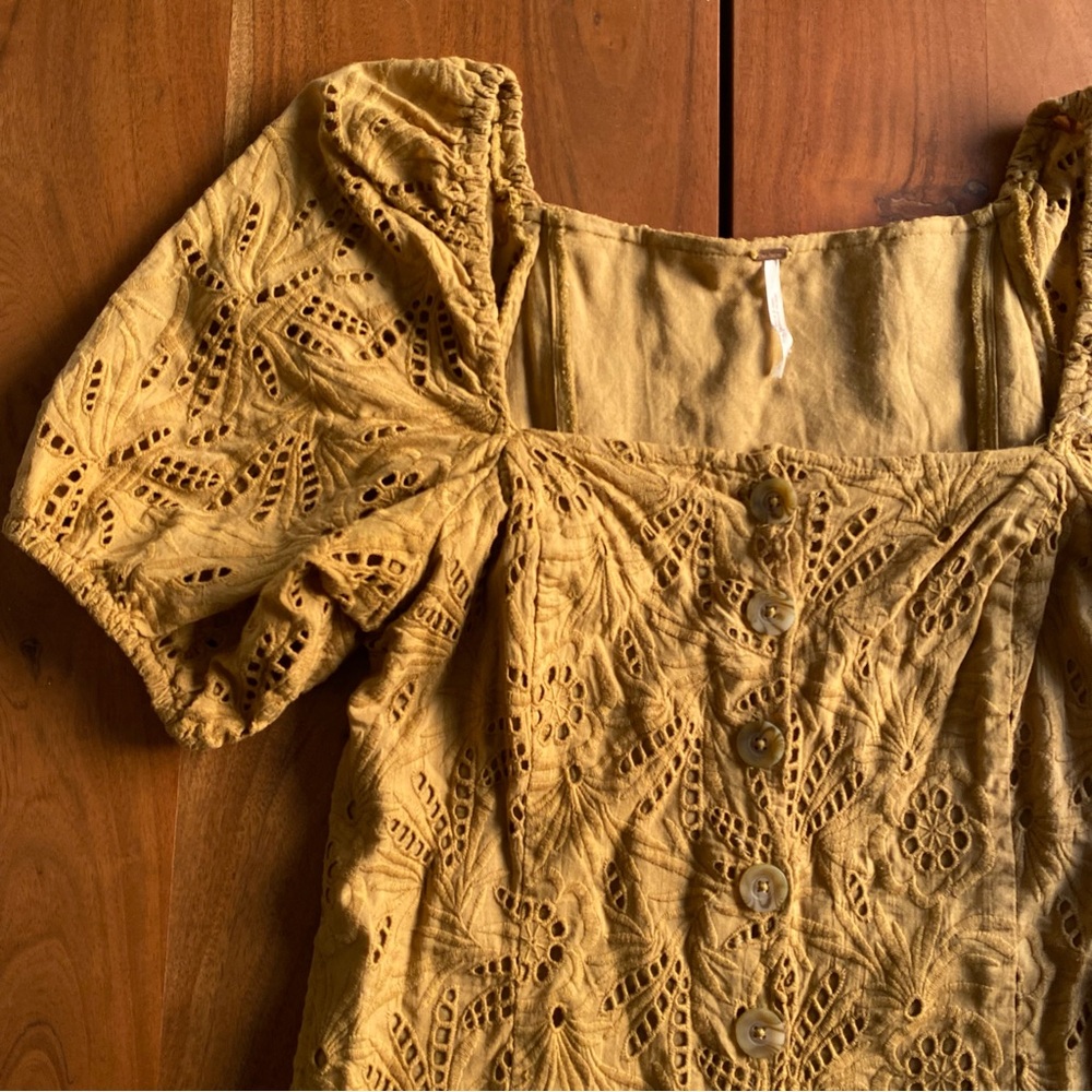 Free People Mini Dress Womens Brown Eyelet Cotton Puff Sleeve Boho 70s Size 6 - Picture 5 of 8